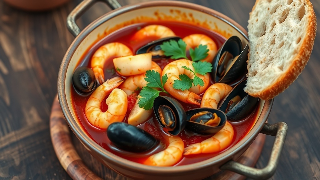 Hearty Mediterranean Seafood Stew Recipe A hearty Mediterranean seafood stew with shrimp, mussels, and fish in tomato broth, garnished with parsley, on a rustic table with bread.